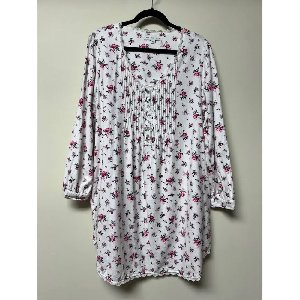 EILEEN WEST Cotton/Rayon Flannel Pintuck Lace Trim Long Sleeve Nightgown, Sz M